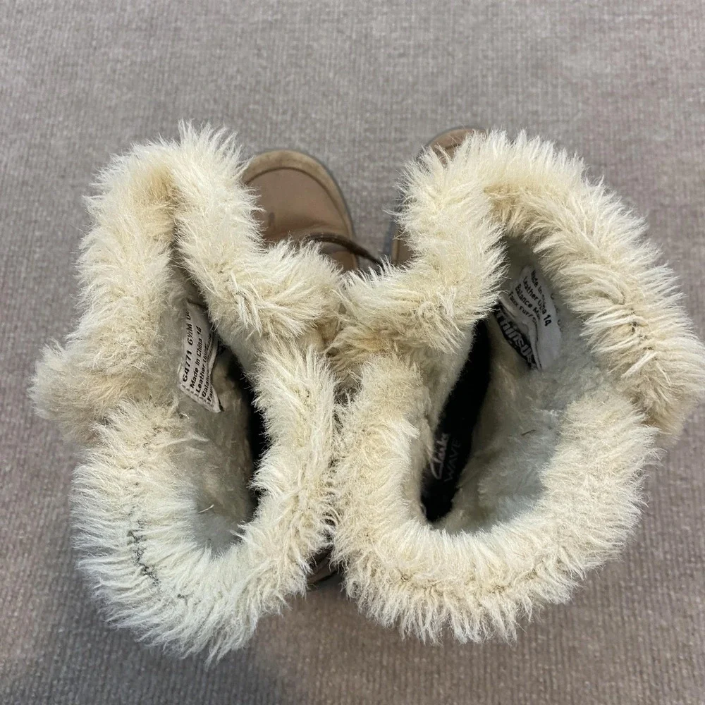 Clarks Snow Boots Womens Size 6.5 Brown Leather Faux Fur Waterproof Wave‎ Walk